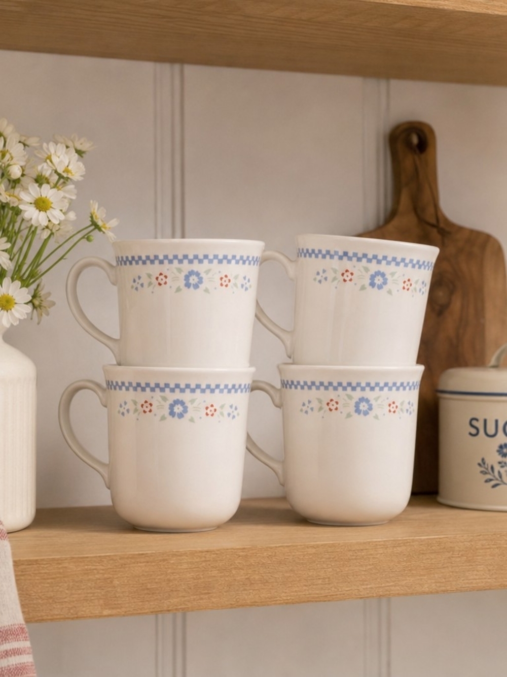 Set of 4 Corelle Country Cottage Mugs – Vintage Floral Blue Check Farmhouse